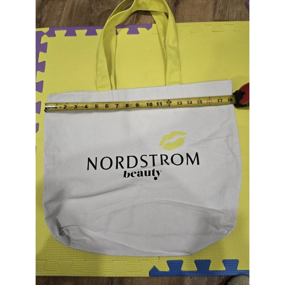 NORDSTROM beauty Canvas Tote Bag - White with Bright Yellow Handles & Lip Print!